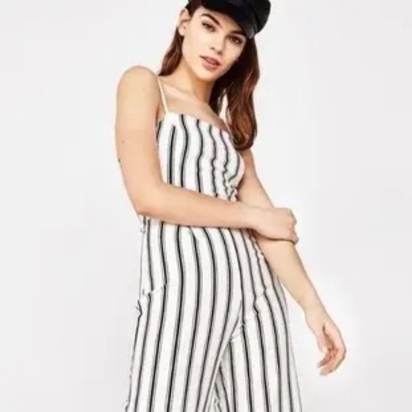 Bershka White Black Stripe Sleeveless Jumpsuit One Piece Size Medium Summer - Picture 12 of 12